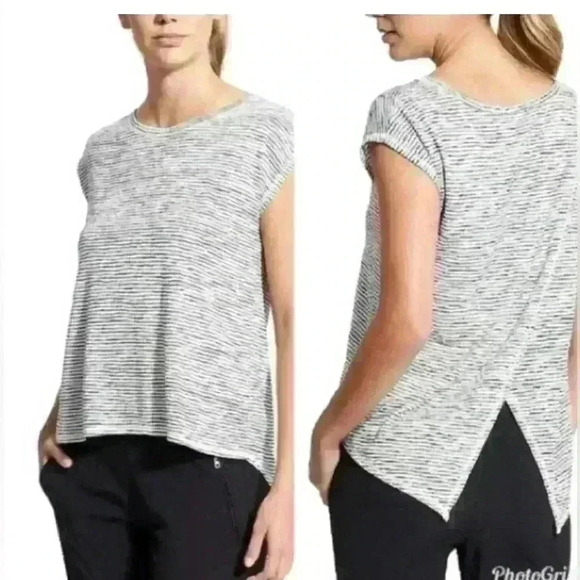 Athleta Breezy Black and White Stripe Split Back Tee size small athletic - Picture 1 of 5